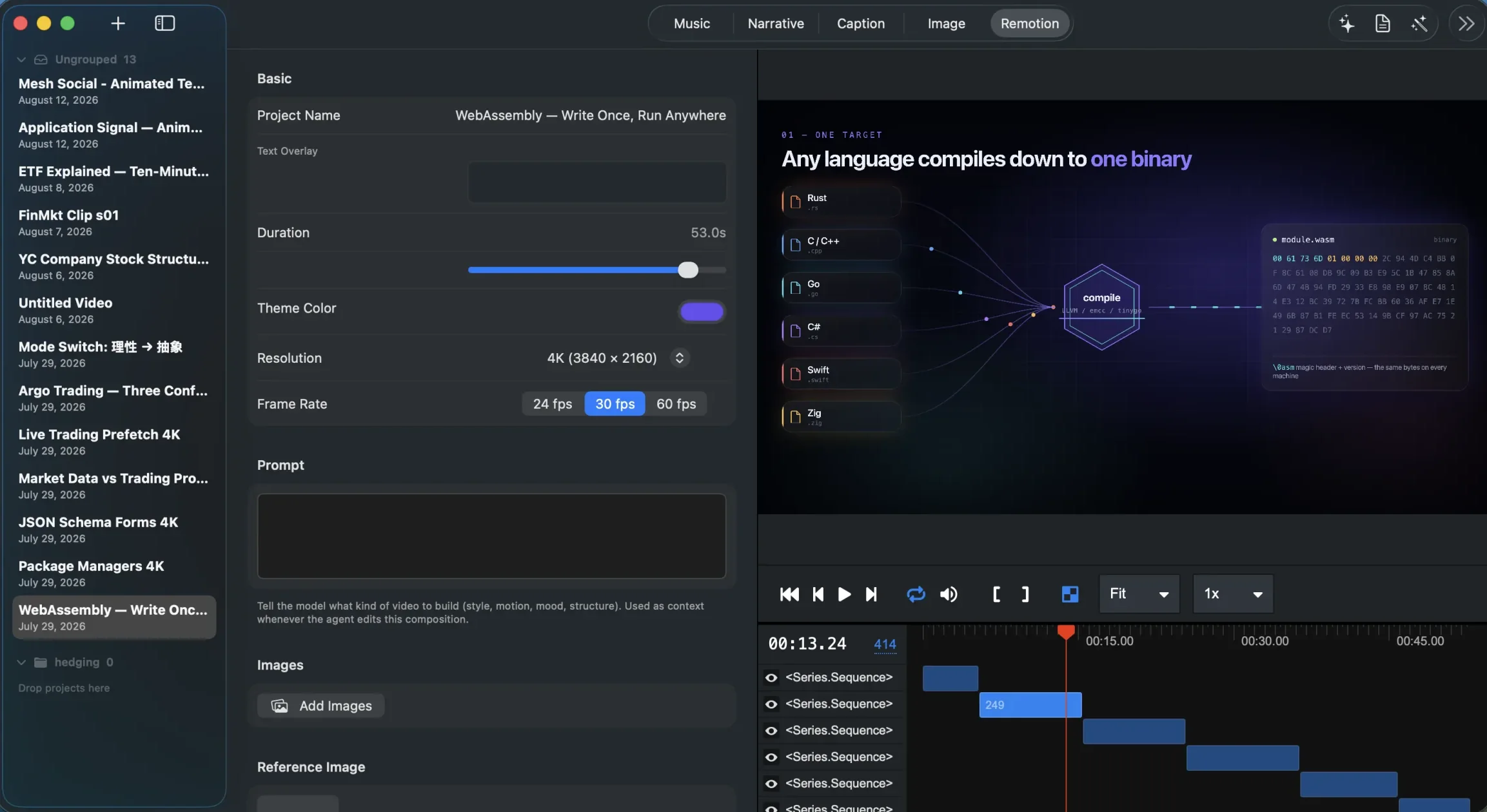 A Remotion composition with a live 4K preview and timeline
